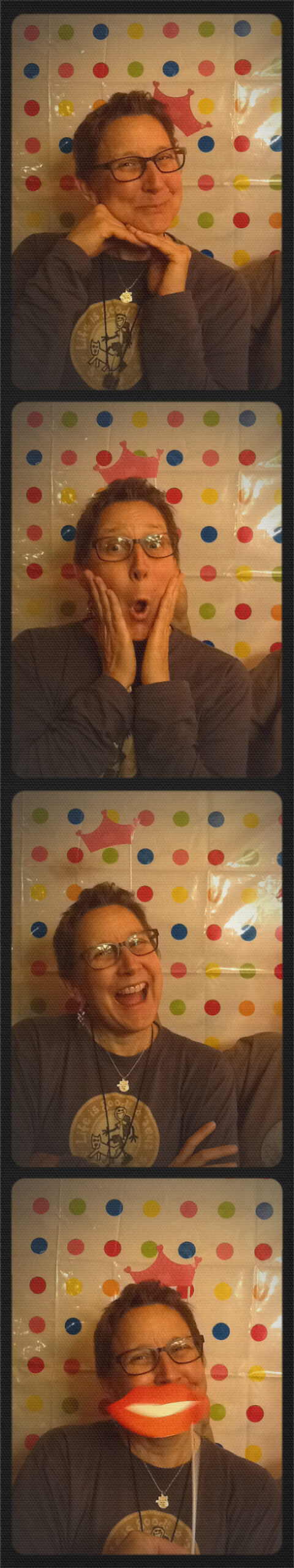 Multiple images from a photo booth shoring Audrey making fun posts with a colorful background