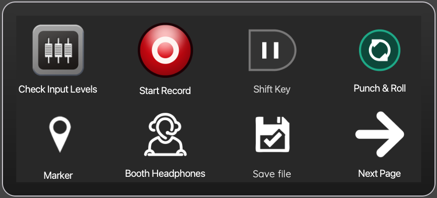 Page one of the touch portal app showing buttons for checking input levels, start recording, shift key, punch and roll, marker, booth headphones, saving a file and moving to page two